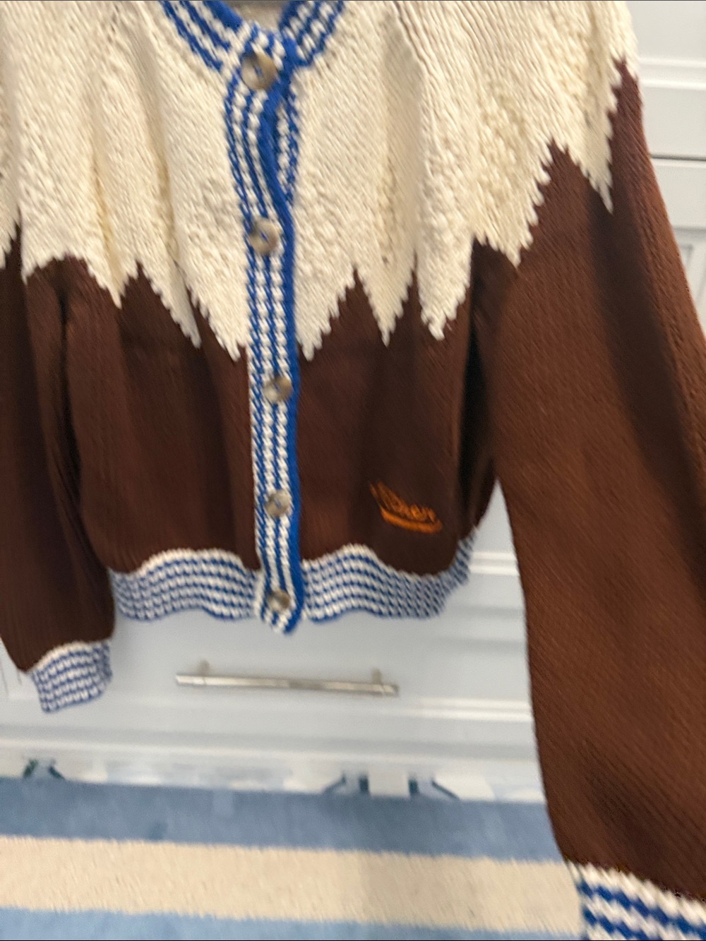 Mother Denim The Raglan Cardigan Brown and Cream Cardigan with Blue Trim - Picture 4 of 6
